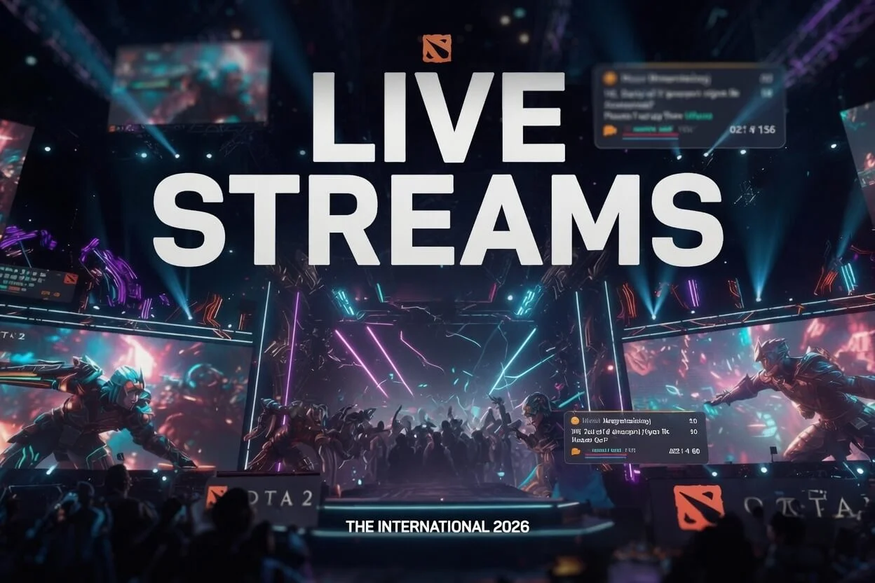Dota 2 TI live streaming setup showing official broadcast options for Shanghai